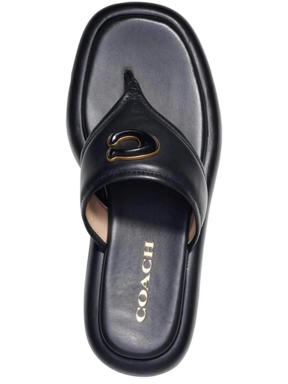 Coach Black Leather Toe-Post Slide with Gold Accent